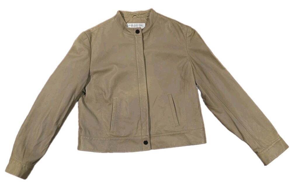 Jones New York Petite Womens 10P Genuine Leather Jacket Taupe Collarless Moto